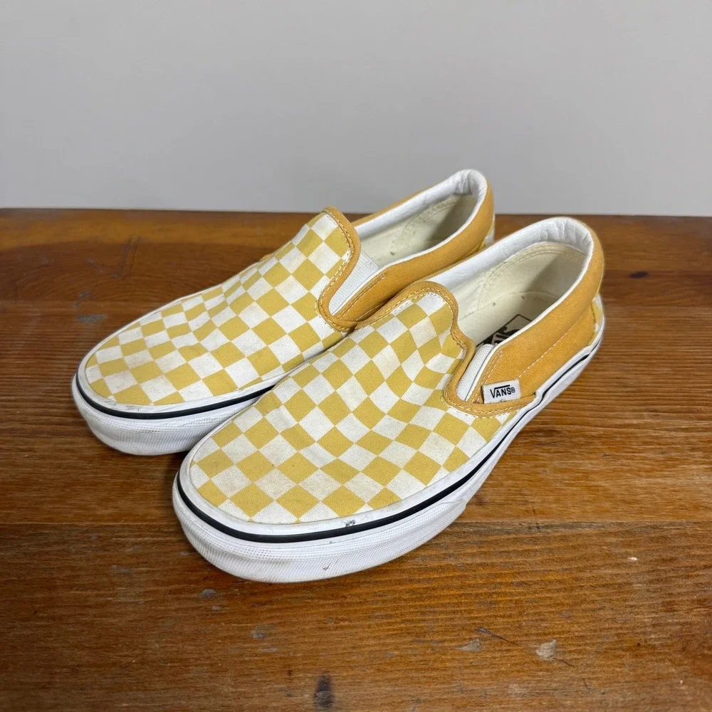 Vans Classic Slip-On Checkerboard Ochre Yellow White Sneakers‎ Mens 6 Womens 7.5